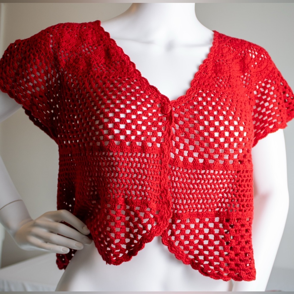 Talbots Hand Knit Red Crochet Button Closure Women’s Short Sleeve Top Size Large - Picture 3 of 11